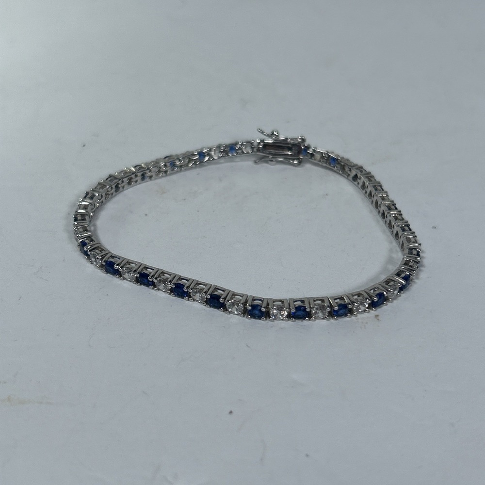 QG 925 Sterling Silver Blue & White Sapphire Tennis Bracelet 7" Rhodium Plated